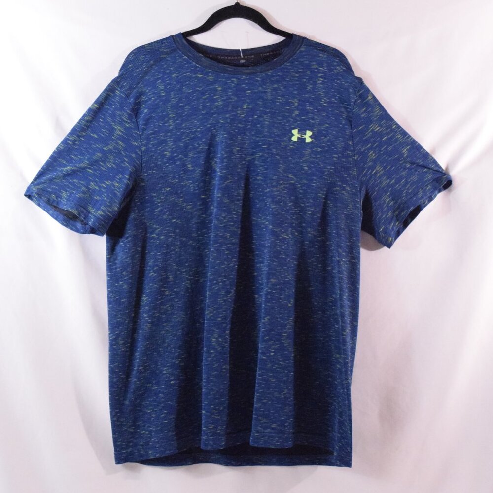 Under Armour UA Heat Gear Shirt Mens 2XL Blue w Neon Green Stretch Heatgear XXL